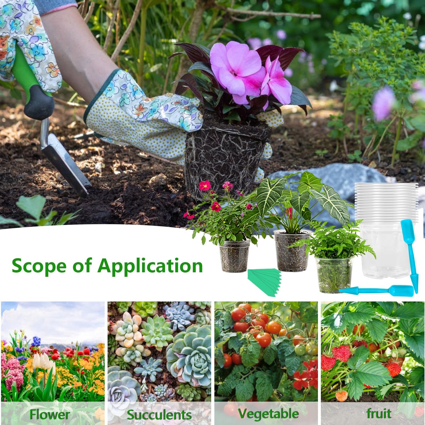 Clear Nursery Pots for Plants, 3.7/5 Inch Plastic Seedling Pots with Drainage Holes – Flexible Transparent Planters for Indoor & Outdoor Gardening, Includes 40 Plant Labels & 2 Transplant Tools