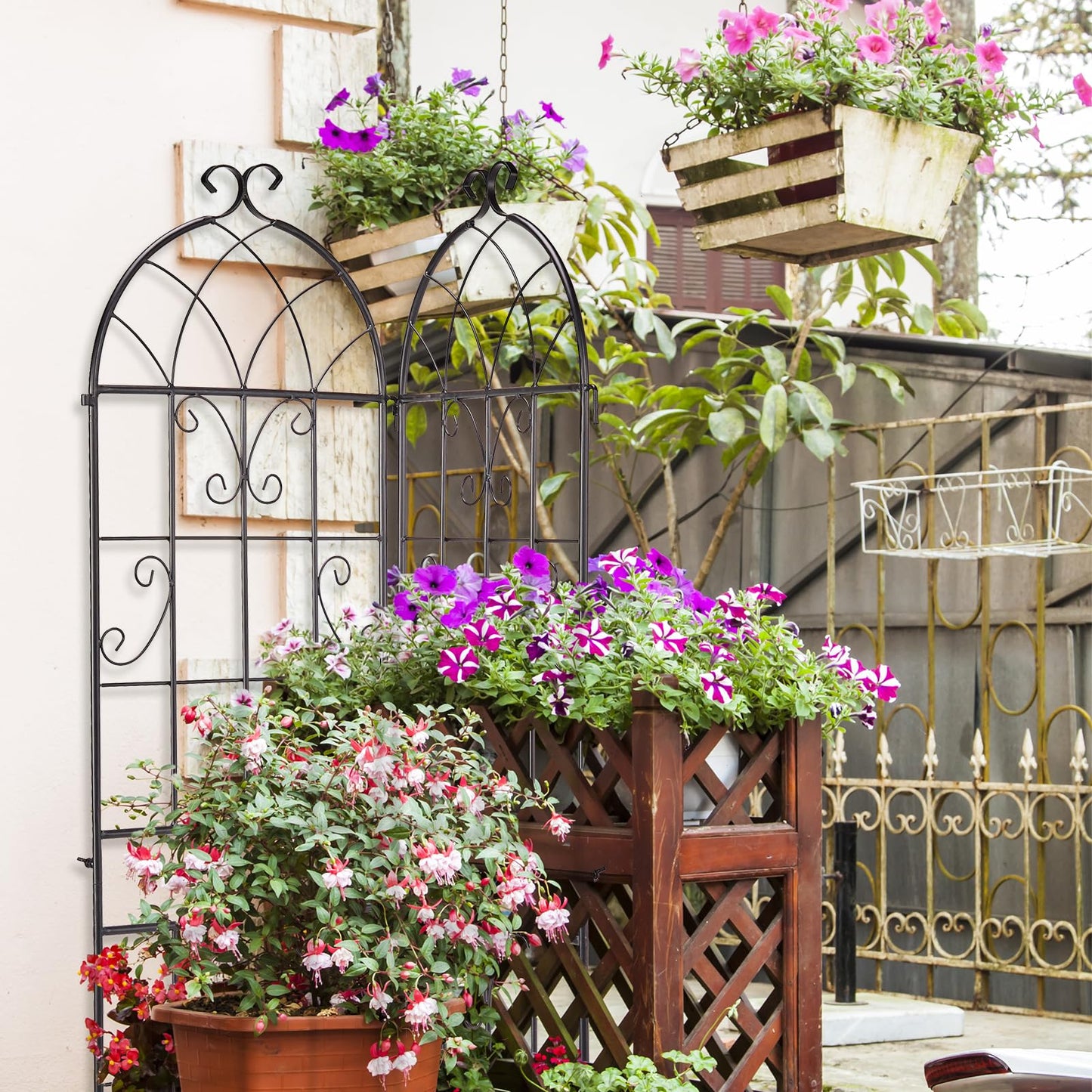 Outvita Garden Trellis for Climbing Plants, 2 Pack 5 Ft Large Decorative Outdoor Cucumber Trellis, Rust Proof Metal Vegetables Flowers Support for Tomatoes, Vines, Roses(Grid Pattern)
