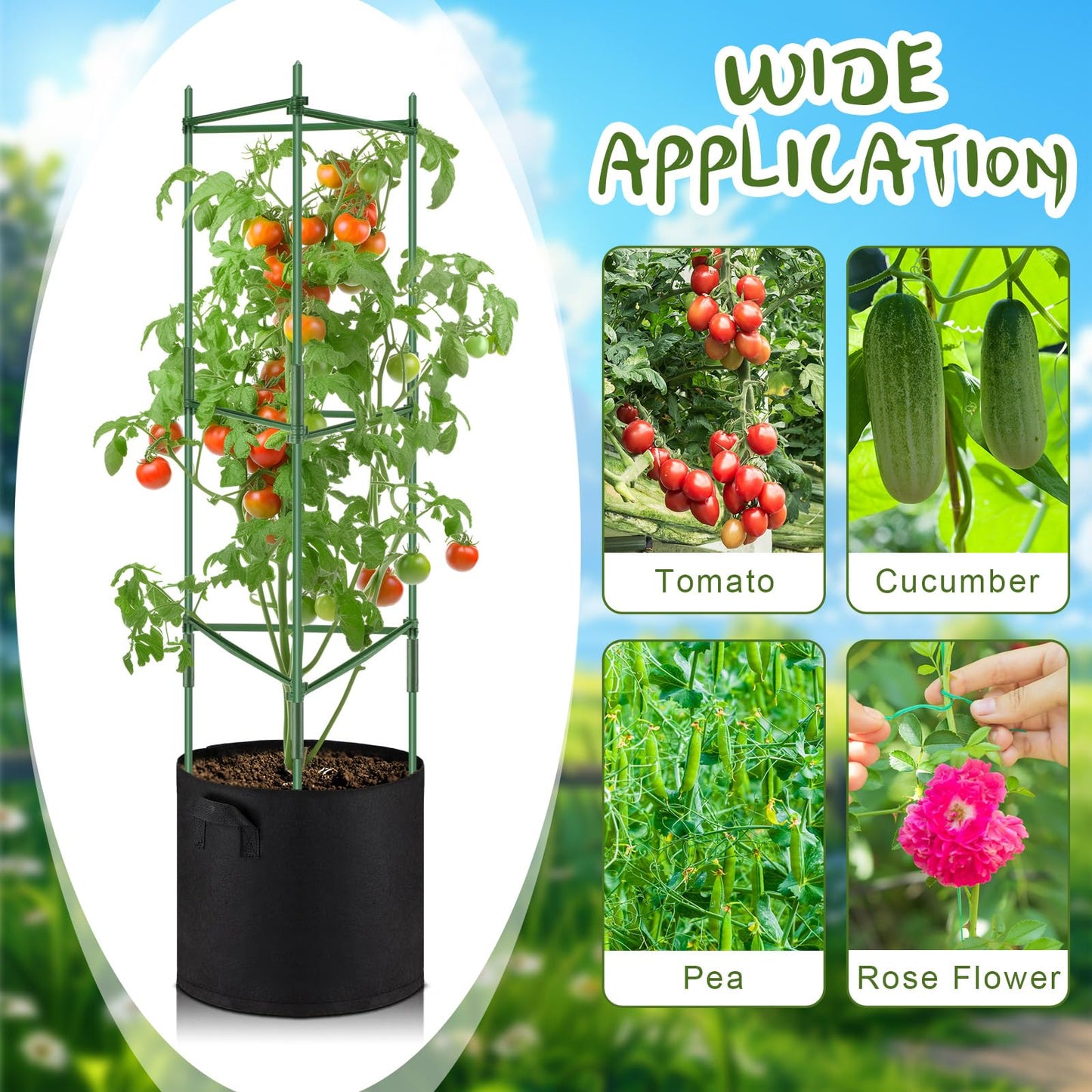 Colingmill 3 Pack 47" Tomato Cages with 10 Gallon Grow Bag Adjustable Tomato Cages for Garden Trellis Pots for Potted Plants Vertical Climbing Vegetables Outdoor Indoor