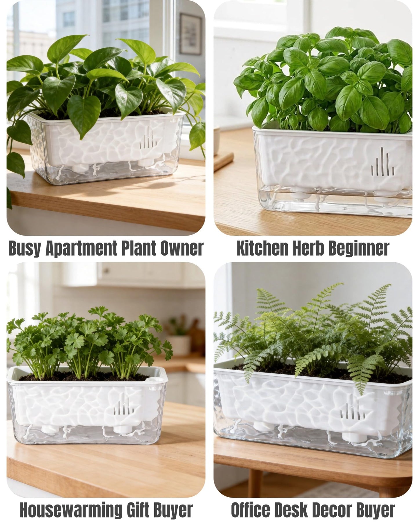 11 Inch Self Watering Plant Pots for Indoor Plants, 4 Packs rectangle planter with Drainage Tray and Rope, Window Boxes Planters for Indoor Outdoor Garden Plants, African Violet, Herbs, Succulents
