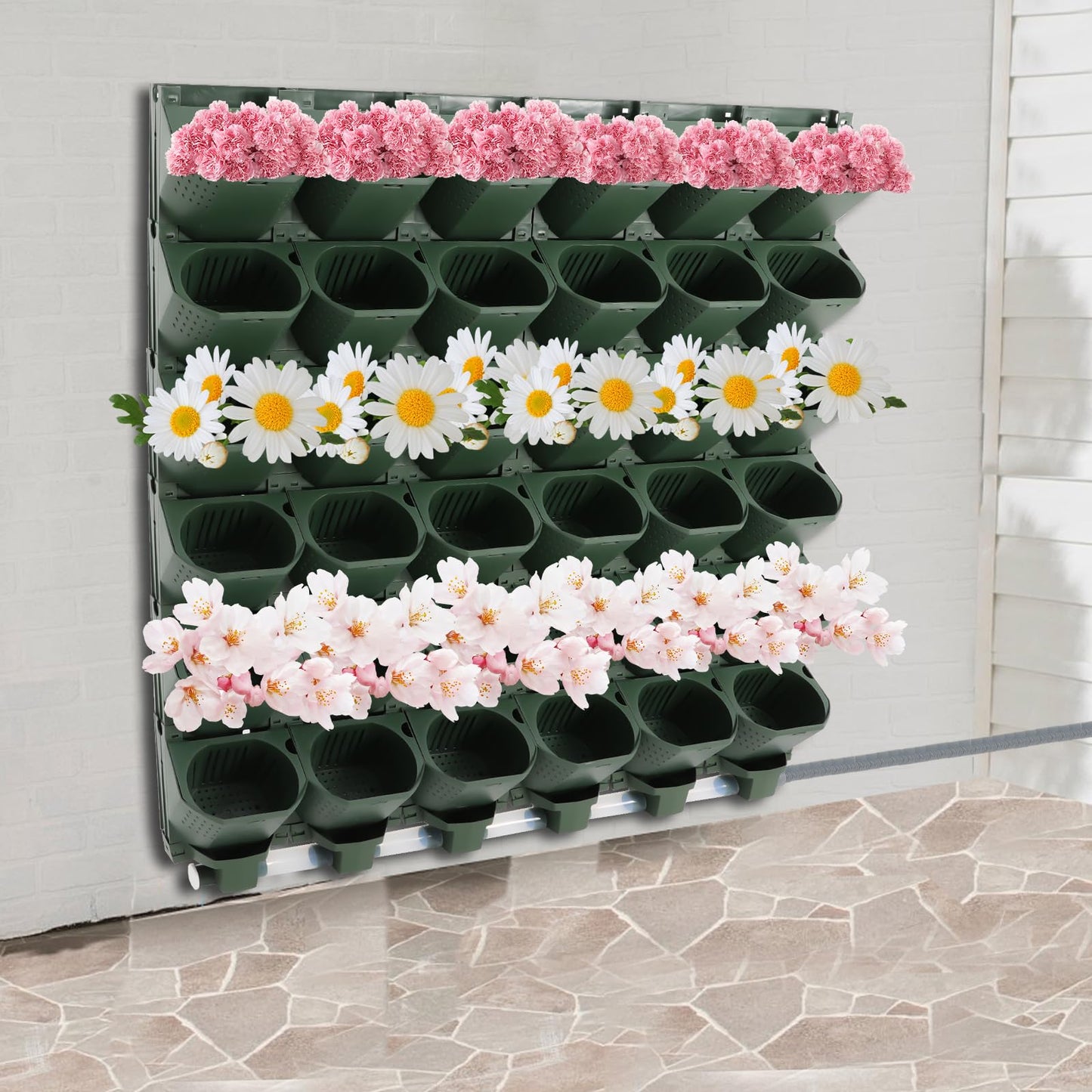 lxrnqcey Wall Mounted Vertical Garden Planter, 6 Row 36 Self Watering Wall Planter, Hanging Plastic Plant Grow Pots, Indoor Outdoor Green Decoration for Vegetables Fruits (Dark Green)
