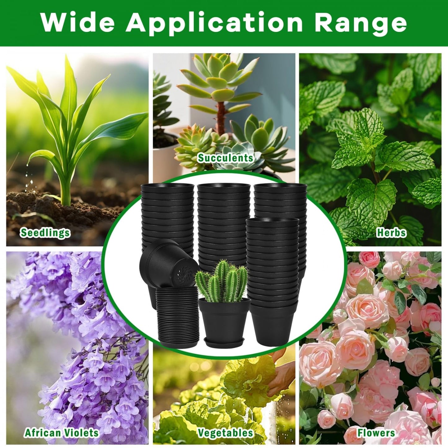 June Fox 60 Pack Small Plant Pots Indoor 4 Inch Plastic Planter with Drainage Holes and Saucers Premium Black Pots for Plants Bulk for Succulent, African Violets, Flowers, Seed Starting