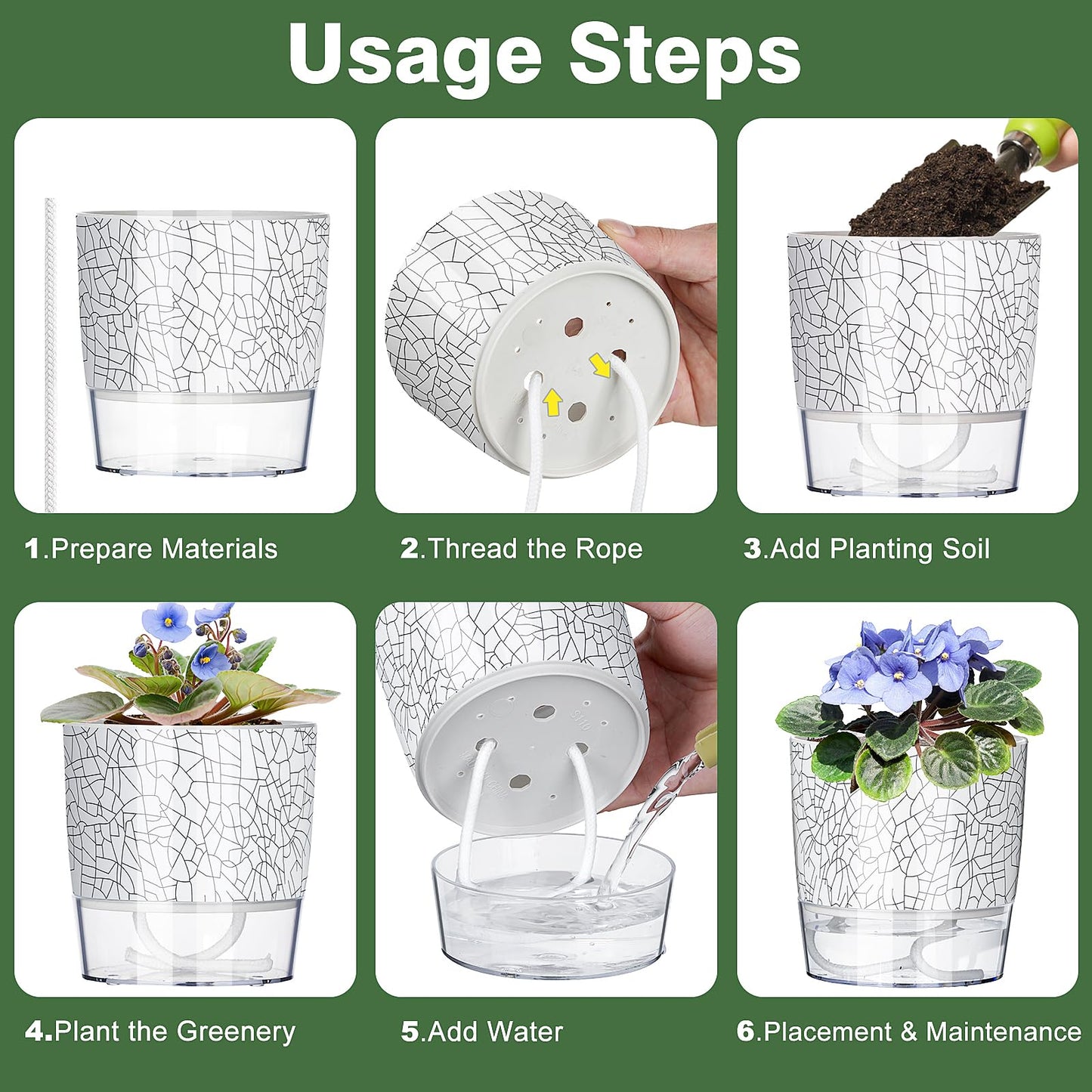 Samhe Self Watering Pots for Indoor Plants, 4/5.5/6.3 Inch Plant Pots Indoor Outdoor with Drainage Holes, Deep Reservoir, Plastic Self Watering Flower Pots