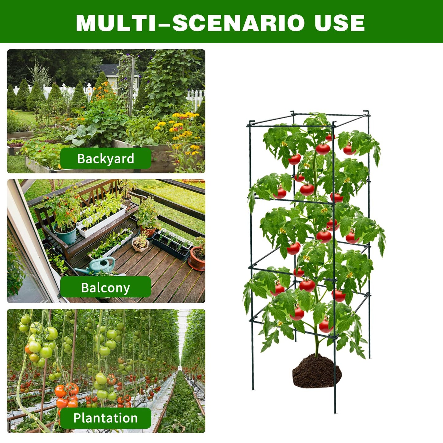 LAKNUAL 6 Packs Tomato Cages for Garden, 12"×12"×39" Plant Support Cage with Different Spacing, Green Metal Trellis for Climbing Plants Like Cucumber, Flowers