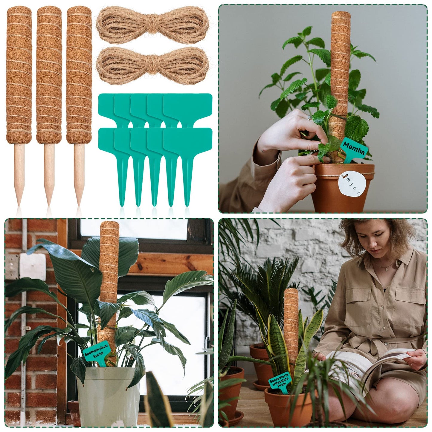 10 Pack Moss Pole, 112 Inch Coir Moss Pole for Plants Monstera, Plant Pole for Climbing Indoor Plants Potted Plants, Plant Sticks Support Extension with 30 Pcs Plant Labels and 5 Pcs Garden Ties