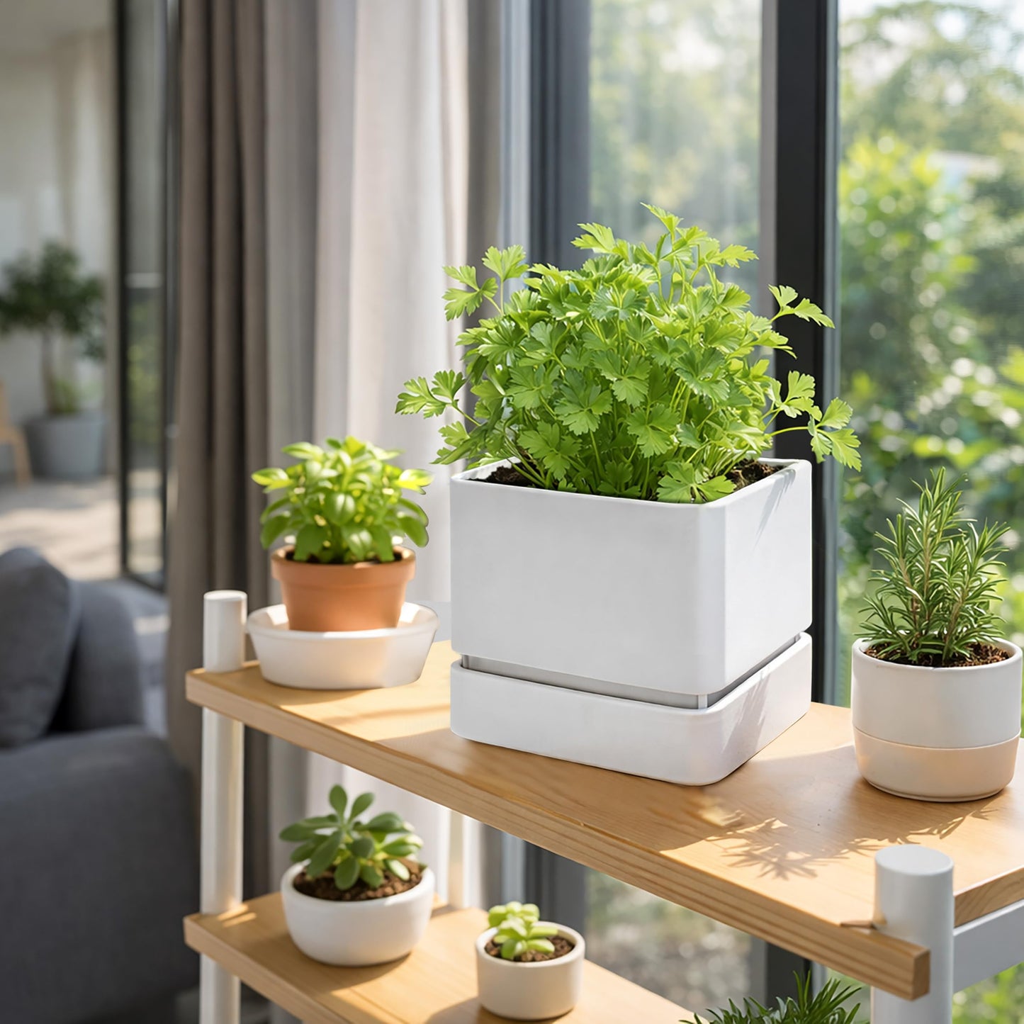 D'vine Dev 6 Inch Herb Planter Pot, Plastic Planter with Drainage Holes and Saucer, Modern Decorative Gardening Pot for Indoor Plants, Flowers, Herbs, Succulents, White, Set of 2, 76-Y-A2-2
