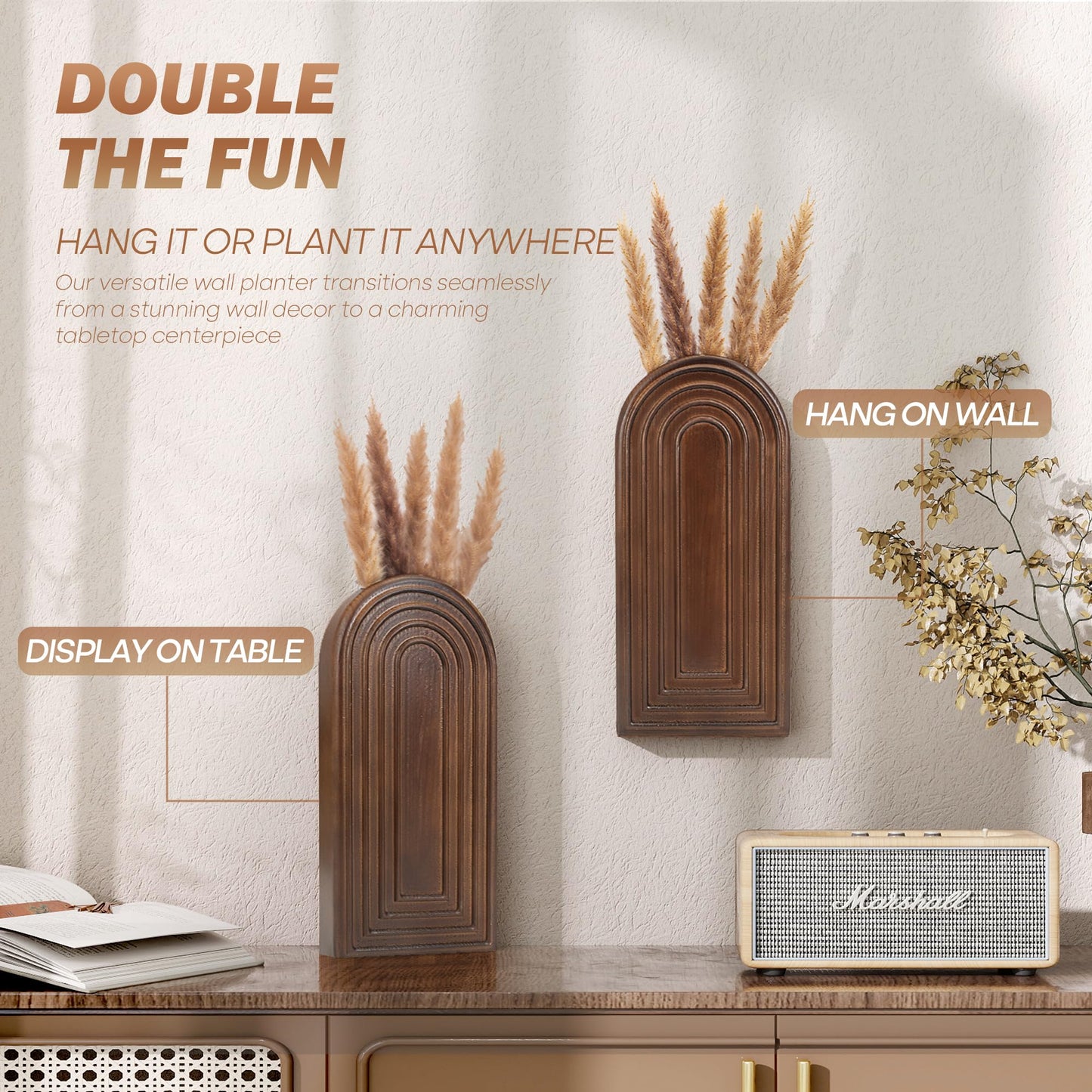 EOSAHR Pine Wood Set of 2 Wall Vases for Indoor Plants & Flowers – Farmhouse Wall Art for Living Room, Office and Home Decor – Hanging Planters with Boho Decor for Fake Plants (Brown)