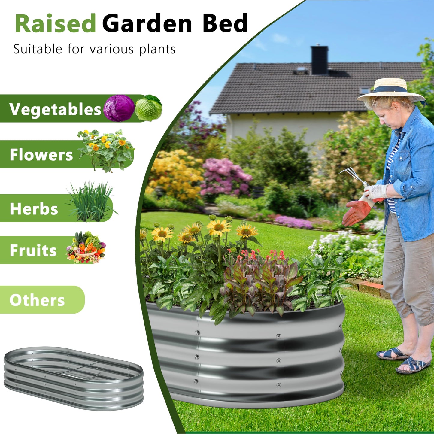 Foxlang 8x2x1ft(2 Pack) Galvanized Oval Raised Garden Bed,Outdoor Planter Box Metal Patio Kit Planting Bed for Vegetables Flowers Herb,Silver