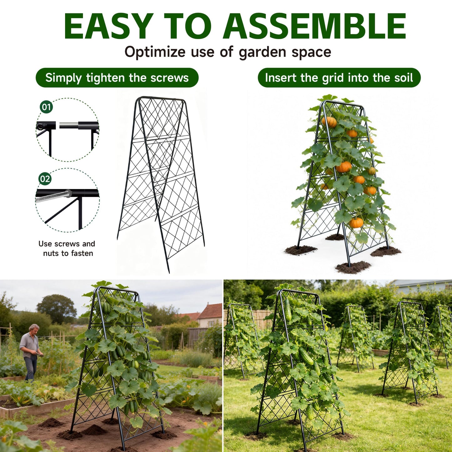 50"x17" Heavy Duty Metal Garden Trellis - Rust-Proof A-Frame Cucumber Trellis with High-Density Rhombus SteelGrats for Climbing Plants, Tomatoes & Raised Beds, Outdoor Use (1 Pack)