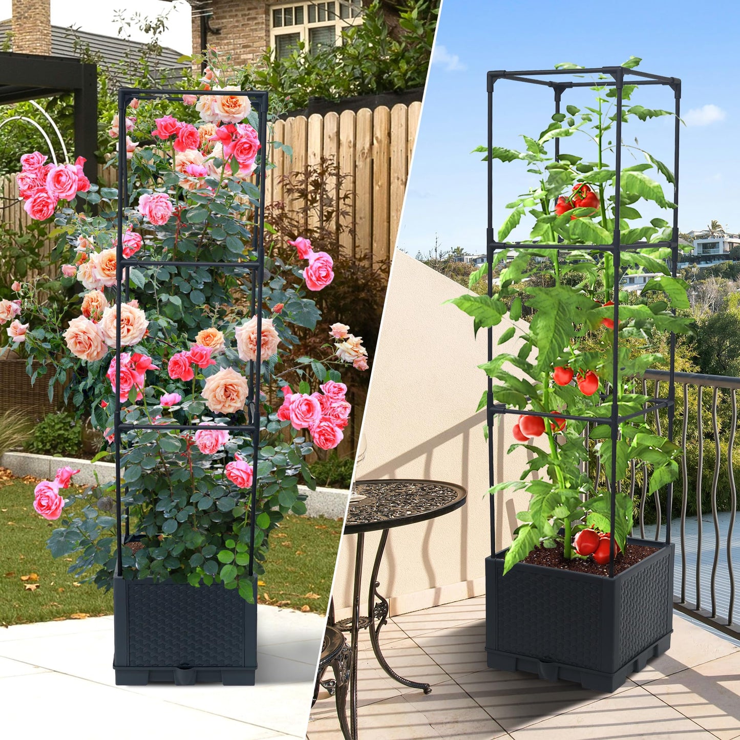 Biotolot Raised Garden Bed Tomato Planter Box with Trellis, 44" Self-Watering Tomato Cage with Square Trellis for Climbing Plants, Flowers, Vegetables, Vine in Patio Garden Indoor Outdoor