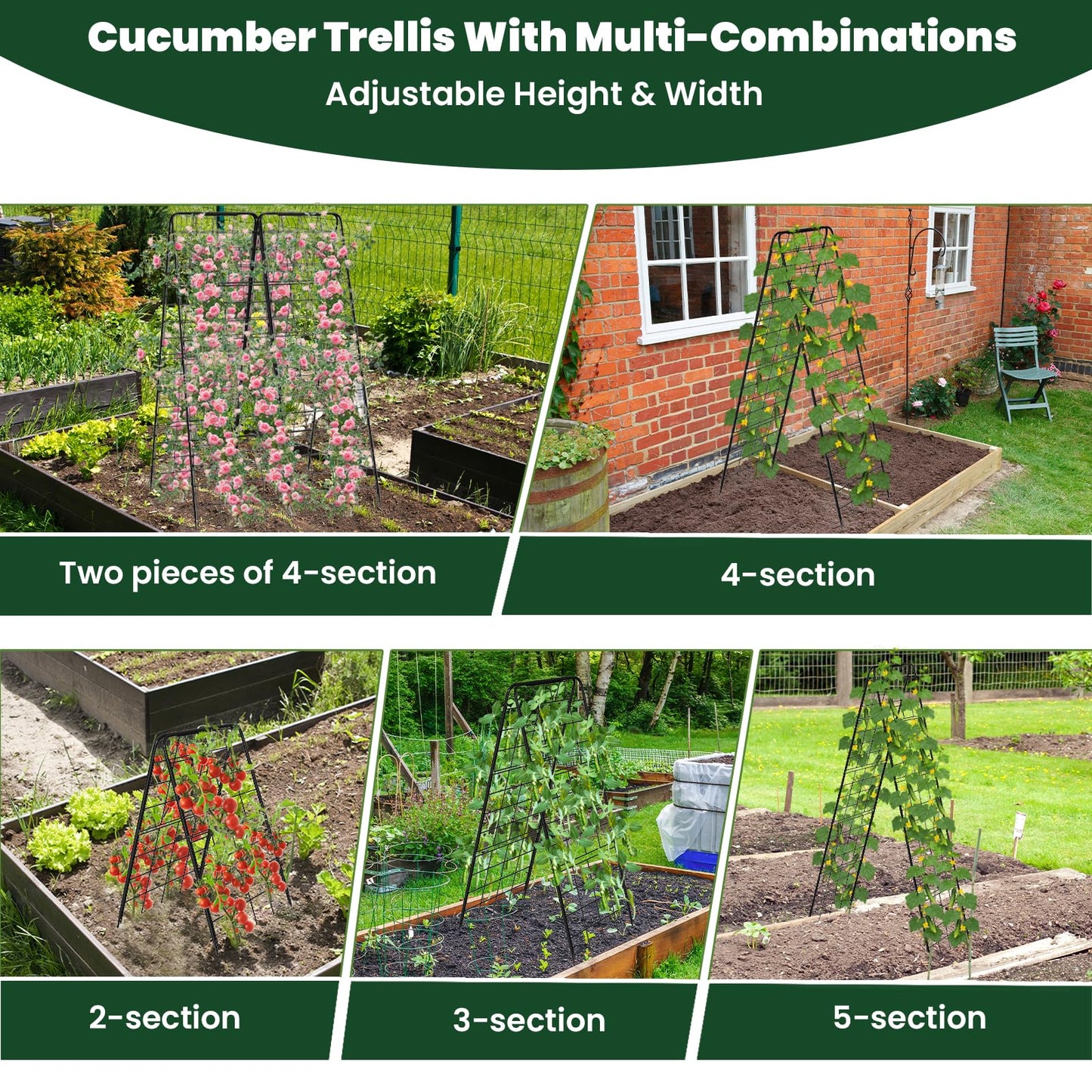 A-Frame Cucumber Trellis for Raised Bed, 50"x 16" Adjustable Heavy Duty Metal Garden Trellis for Climbing Plants Outdoor, Plant Support for Tomatoes Pea Bean Grape Vining Vegetables (1 Pack)