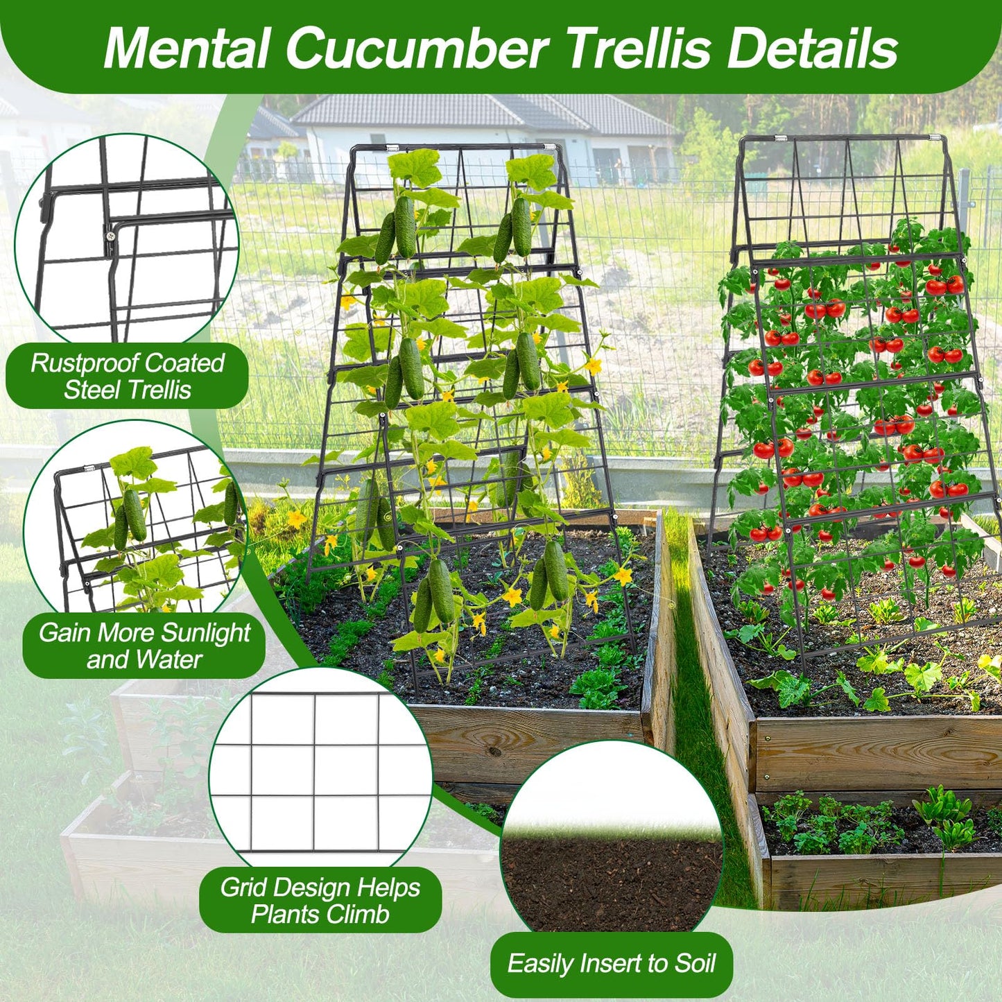 2 Packs Cucumber Trellis for Raised Bed 42 x 16 A Frame Metal Adjustable Garden Trellis for Climbing Plants Outdoor, Foldable Coated Steel Easy Install Cucumber Trellis for Vegetable Fruit Flower