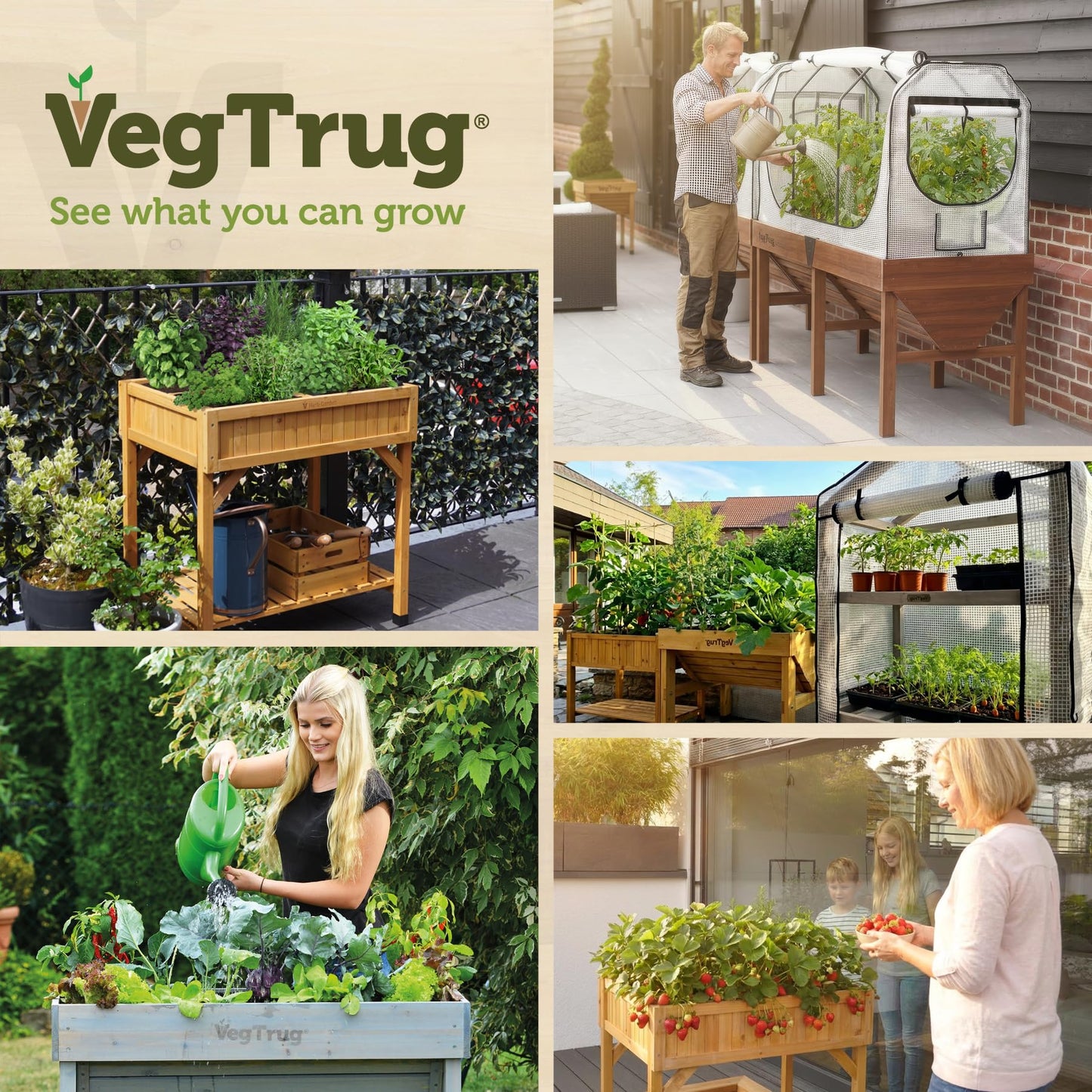 VegTrug Herb Garden Planter Box, Natural Cedar Wood - 8-Pocket Raised Garden Bed with Storage Shelf for Patio, Balcony & Courtyard Gardening