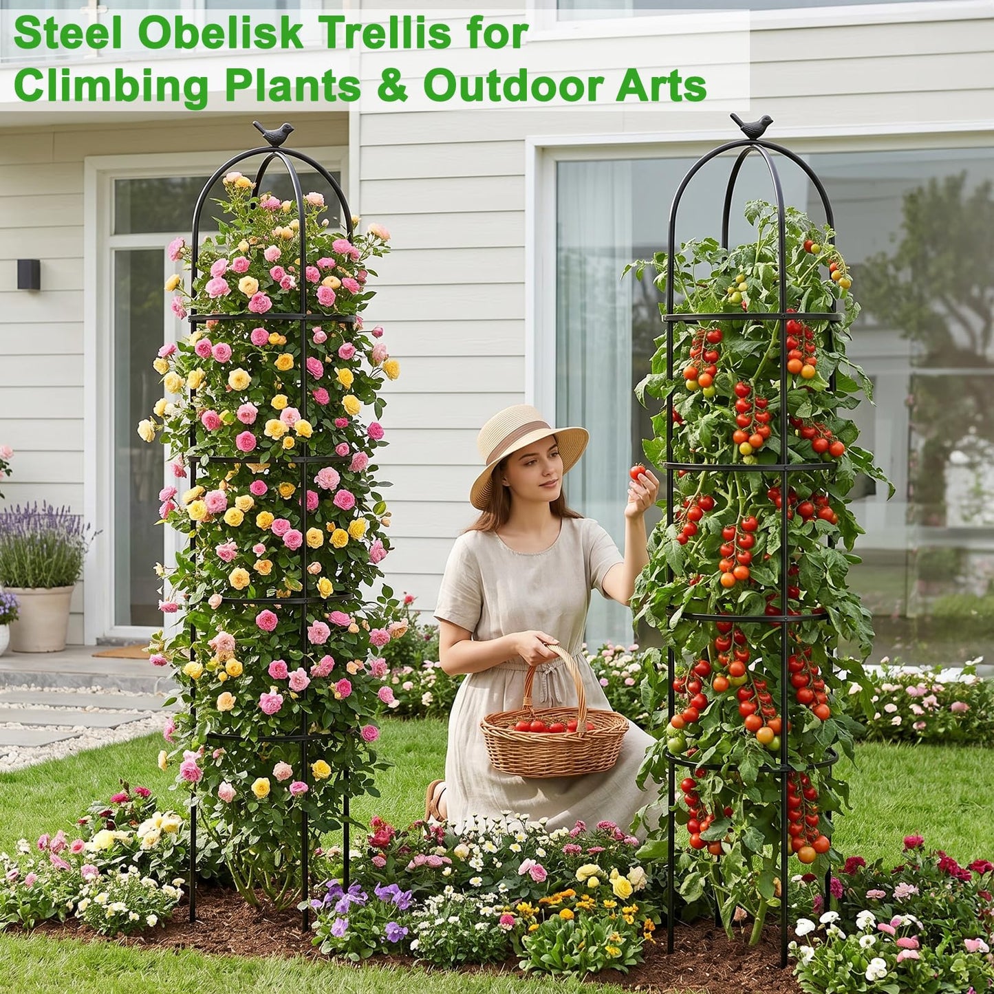 HEYTIMI 2 Pack 6 Ft Heavy Duty Metal Garden Obelisk Trellis for Climbing Plants, Rust‑Resistant Black Steel Vine Support for Rose Clematis Jasmine, Potted Flower Stand Indoor & Outdoor Decor (Spheres)