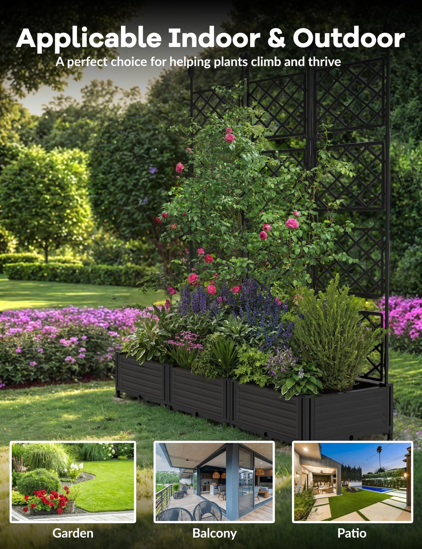 3 PCS Raised Garden Bed with Trellis & Privacy Screen, 50" x 63" Tall Vertical Garden Planter Box for Climbing Plants, Outdoor Trellis for Vegetables, Flowers, Patio, Balcony, Garden Black