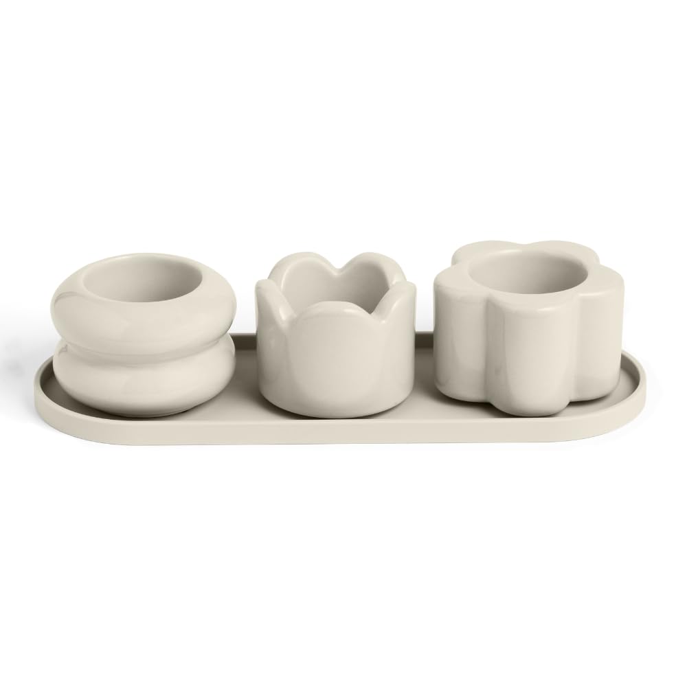 Rooted 2 inch Mini Planter Trio – Set of 3 Glossy Ceramic Pots with Drainage Holes and Silicone Tray for Furniture Protection, Ideal for Compact Spaces, Ideal for 2 inch Plants, Oat Beige