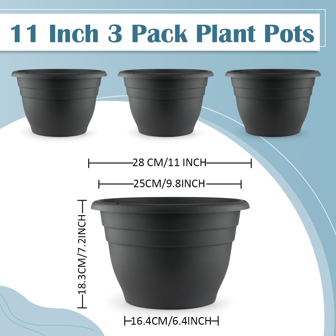 RooTrimmer 3 Pack 11 Inch Plant Pots with Drainage Hole and Plug,Plastic Flower Pots for Indoor & Outdoor Plants,Lightweight Plant Pots Perfect for Herbs,Flowers & Succulents(Gray)