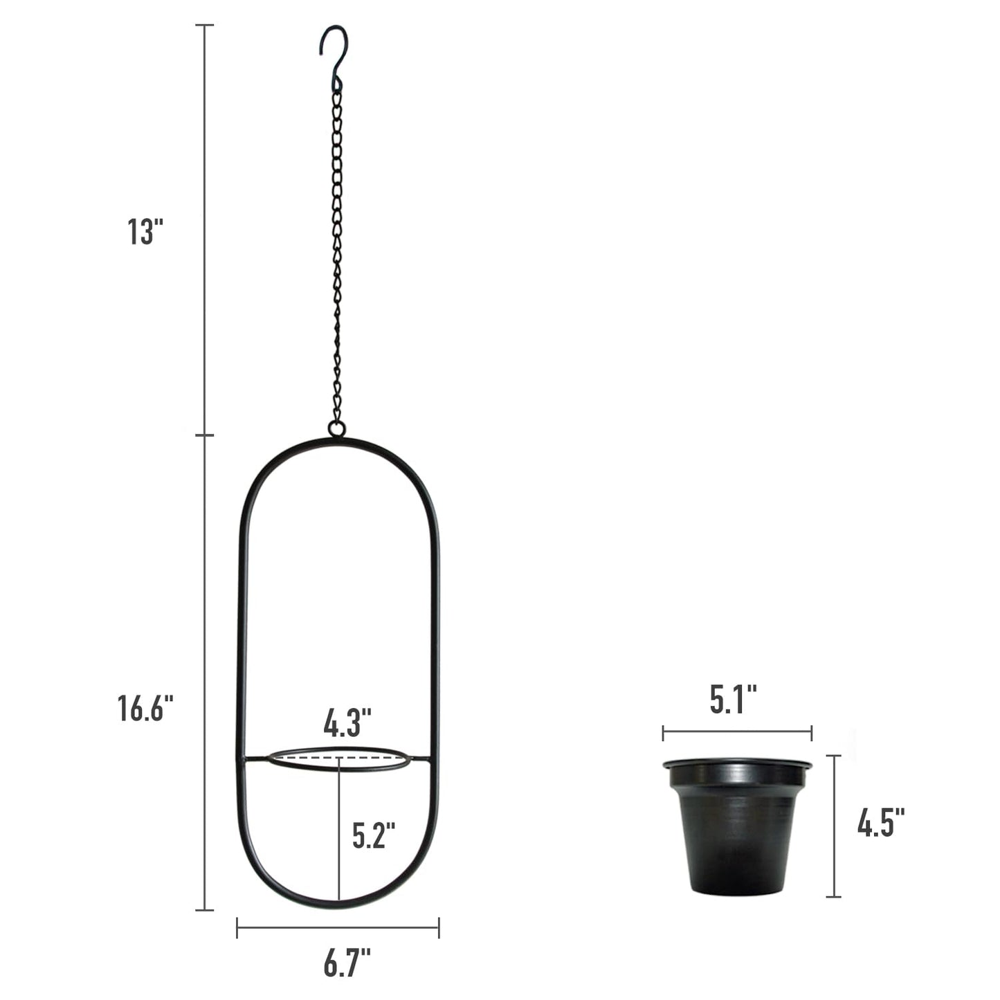 HemePaha Modern Metal Hanging Planters with 5 Inch Pots - Set of 2 Oval Geometric Plant Hangers - Black Wall and Ceiling Mount Flower Holders for Indoor and Covered Outdoor Houseplants
