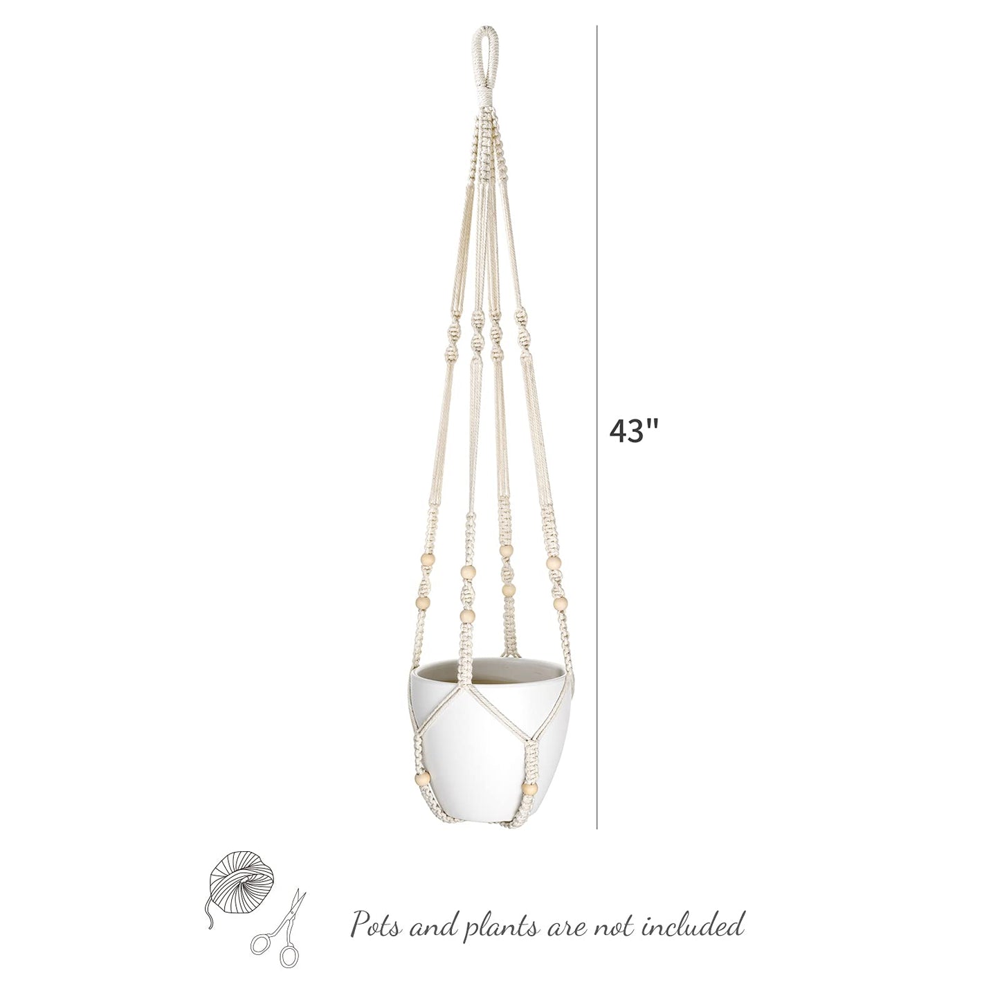 Mkono Set of 2 Macrame Plant Hanger 35 Inch and 43 Inch Indoor Hanging Planter Basket with Wood Beads Decorative Flower Pot Holder No Tassels, Ivory (POTS NOT Included)