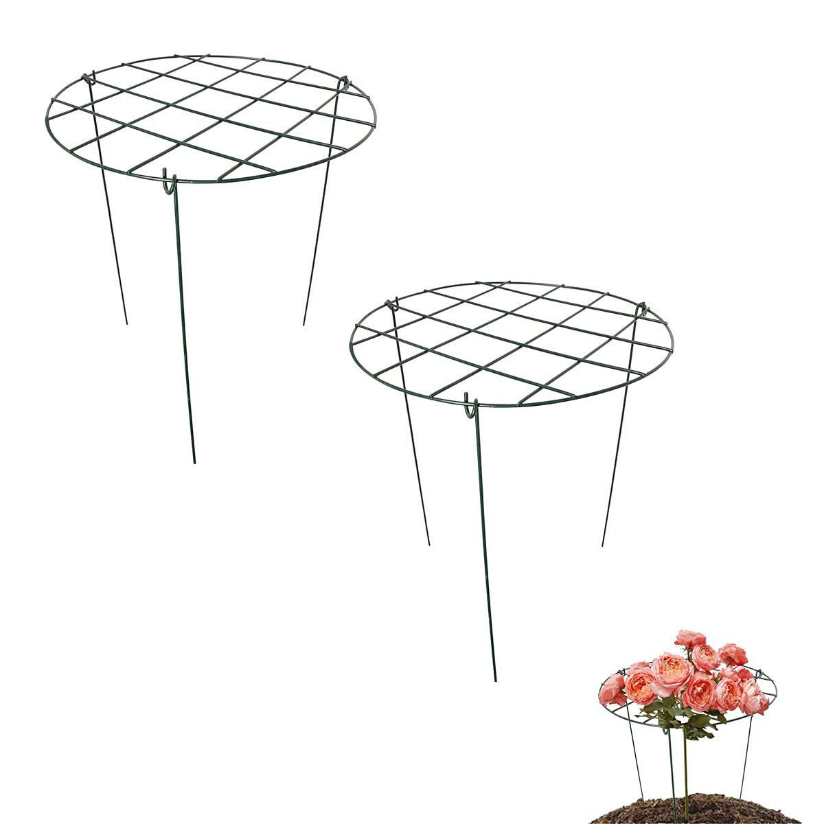 2 Pcs Flower Support Rings, Peony cage Plant Support Stake,Grow Through Grid Plant Brace, Hoops with 3 Pcs Legs for Heavy Blossoms (2 pcs 18'')