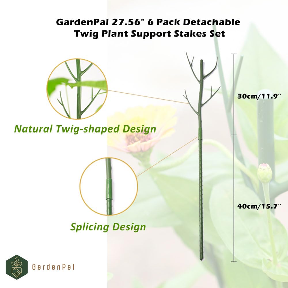 GardenPal 6 Pack 27.56" Detachable Plant Support Stakes - Indoor/Outdoor Monstera, Potted Plants and Climbing Plants, with Orchid Clips, Velcro Straps, Non-Rotting Plastic Natural Branch (Green)