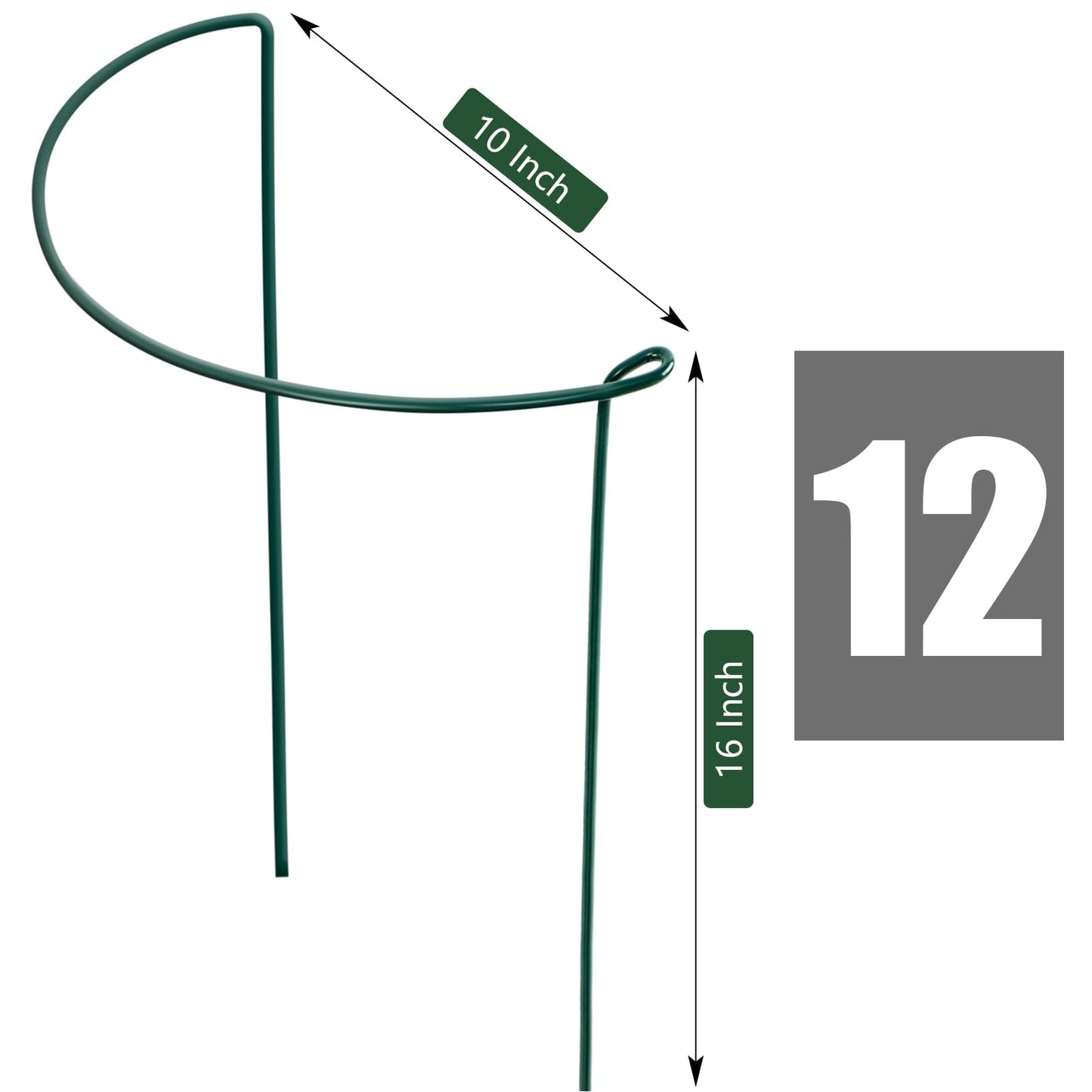 FEED GARDEN 12 Pack Plant Support Stakes, Peony Cages and Supports, Metal Garden Plant Stake(10" Wide x 16" High) Green Half Round Plant Support Rings for Outdoor Indoor Plants, Tomato, Hydrangea