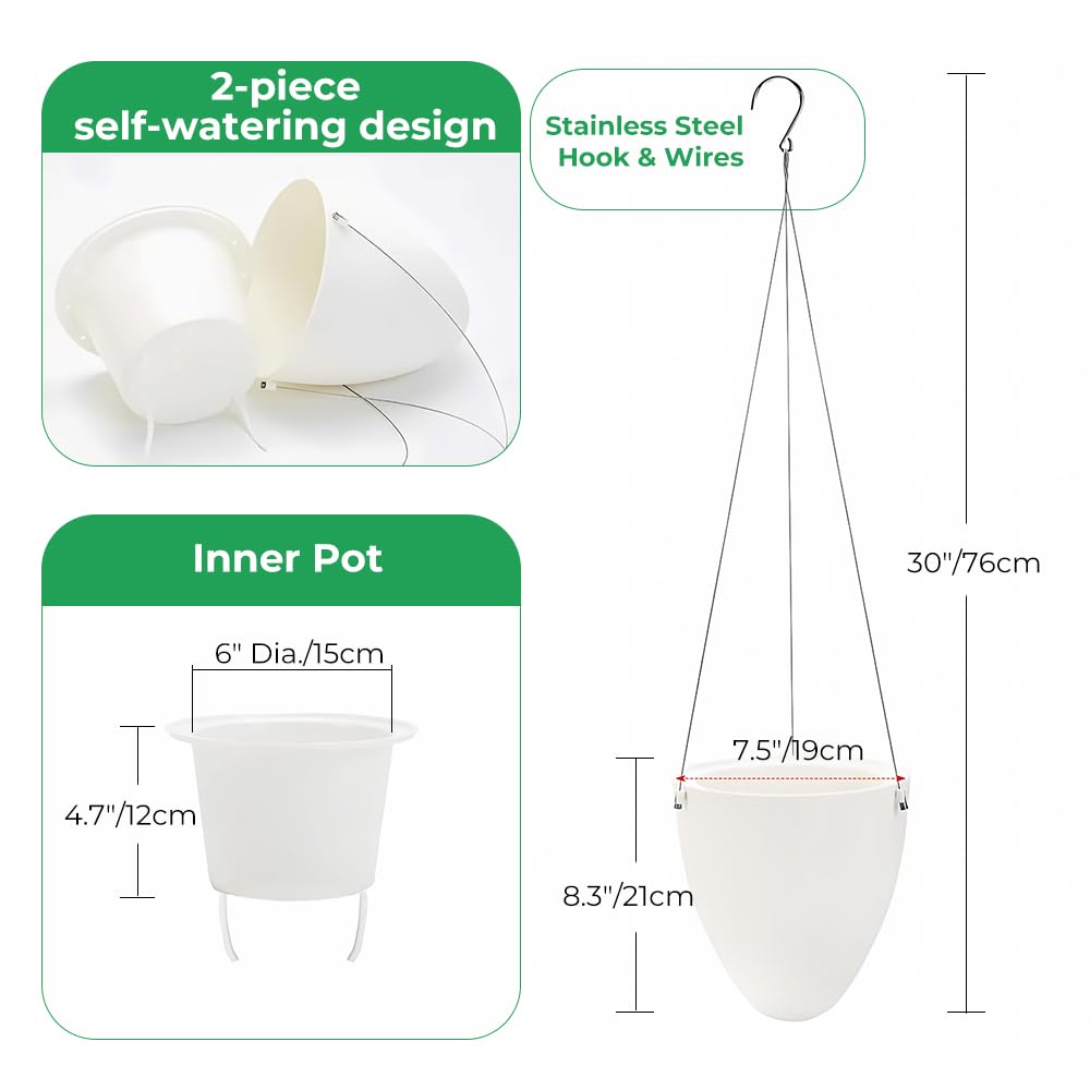 Self-Watering Hanging Planter: 6 Inch Inner Diameter, Indoor Outdoor, Stainless Steel Wire Hanger & Drip Tray, Pothos Philodendron Fern Herbs Scindapsus, Modern Minimalist Design (3 Pack, White)