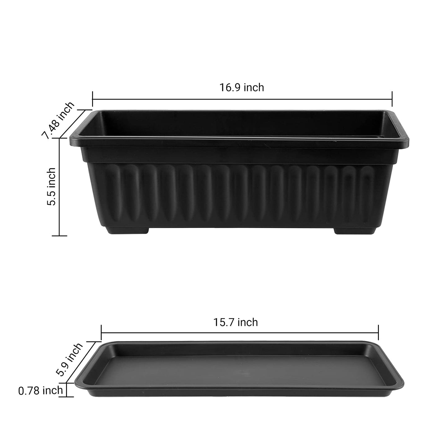 GREANER Rectangle Planters for Indoor Plants, 3 Pack Long Outdoor Plastic Flower Boxes Vegetable Growing Pots 16.9x7.48 Inch with Tray for Garden Balcony Windowsill House DIY - Black