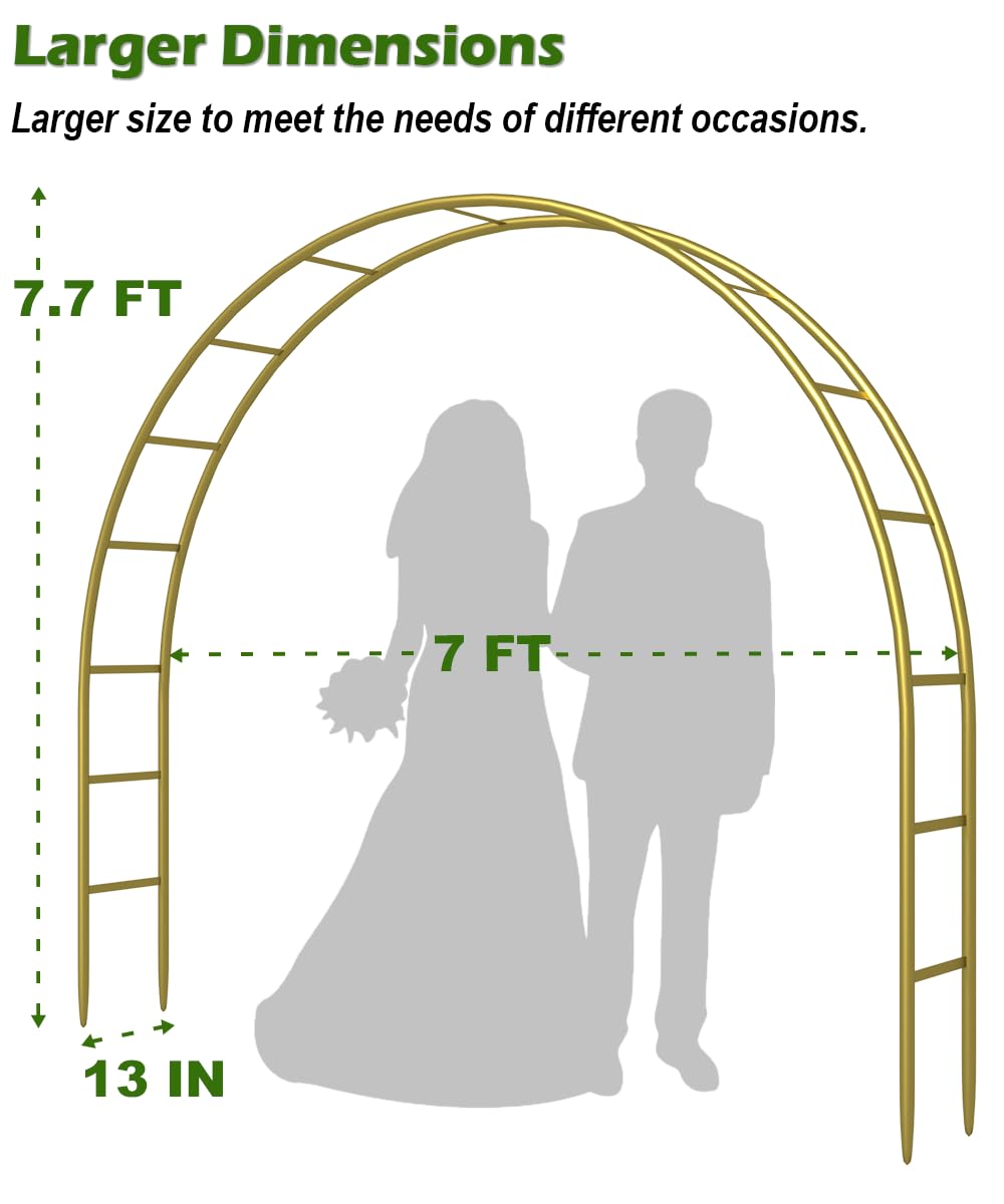 Queension Metal Wedding Arch for Ceremony Party Decoration 7Ft Wide 7.7Ft High,Garden Arch Trellis with Ground Bases for Climbing Plants,Outdoor Garden Arbor for Roses Vines, Round Frame, Gold