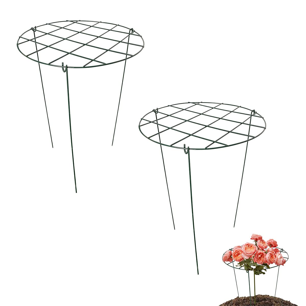 2 Pcs Flower Support Rings, Peony Cage Plant Support Stake,Grow Through Grid Plant Brace, Hoops with 3 Pcs Legs for Heavy Blossoms (2 pcs 24")