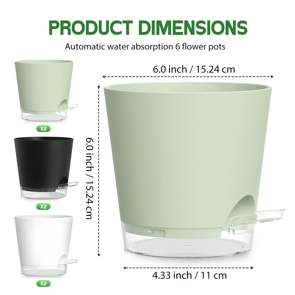 KEETUMOOD Self Watering Pots for Plants, 2026 New Flower Plant Pots with Drainage Holes, Wicking and Clear Reservoirs for Succulent, Aloe, Cacti and Others - 6 Pack (Colorful, 6")