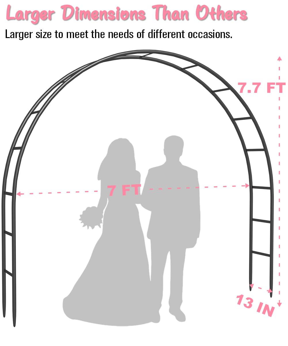 Queension Metal Arch Backdrop Stand 7Ft Wide 7.7Ft High, Wedding Arch Frame for Wedding Decorations, Balloon Arch Stand with Base for Ceremony, Outdoor Garden Arch Trellis for Climbing Plants, Black