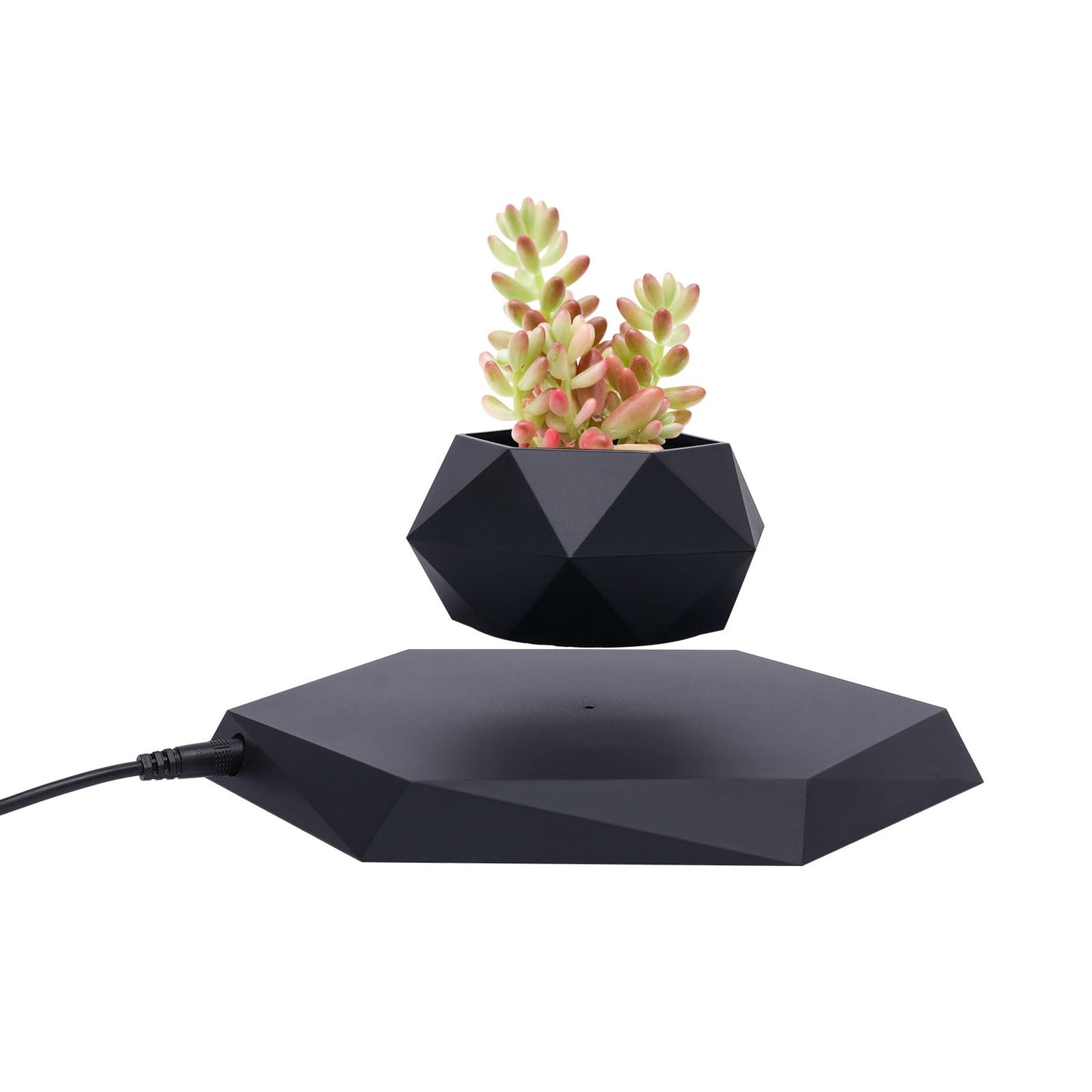 fvscgjmwp Levitating Plant Pot Hexagon Shape for Small Plants, Magnetic Floating Plant Pot 360 Degree Rotation, Black Suspension Flower Pot for Home Office Desk, US Standard Plug, No Plants Included