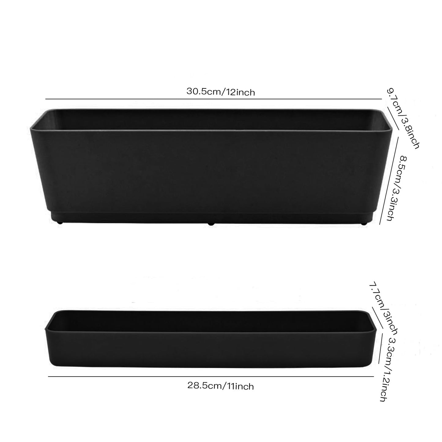 Lainrrew 3 Pack Window Box Planters, 12 Inches Rectangular Planter Plastic Flower Box Plant Pots Plant Containers with Tray for Balcony, Windowsill, Garden, Home Office Outdoor Decoration (Black)