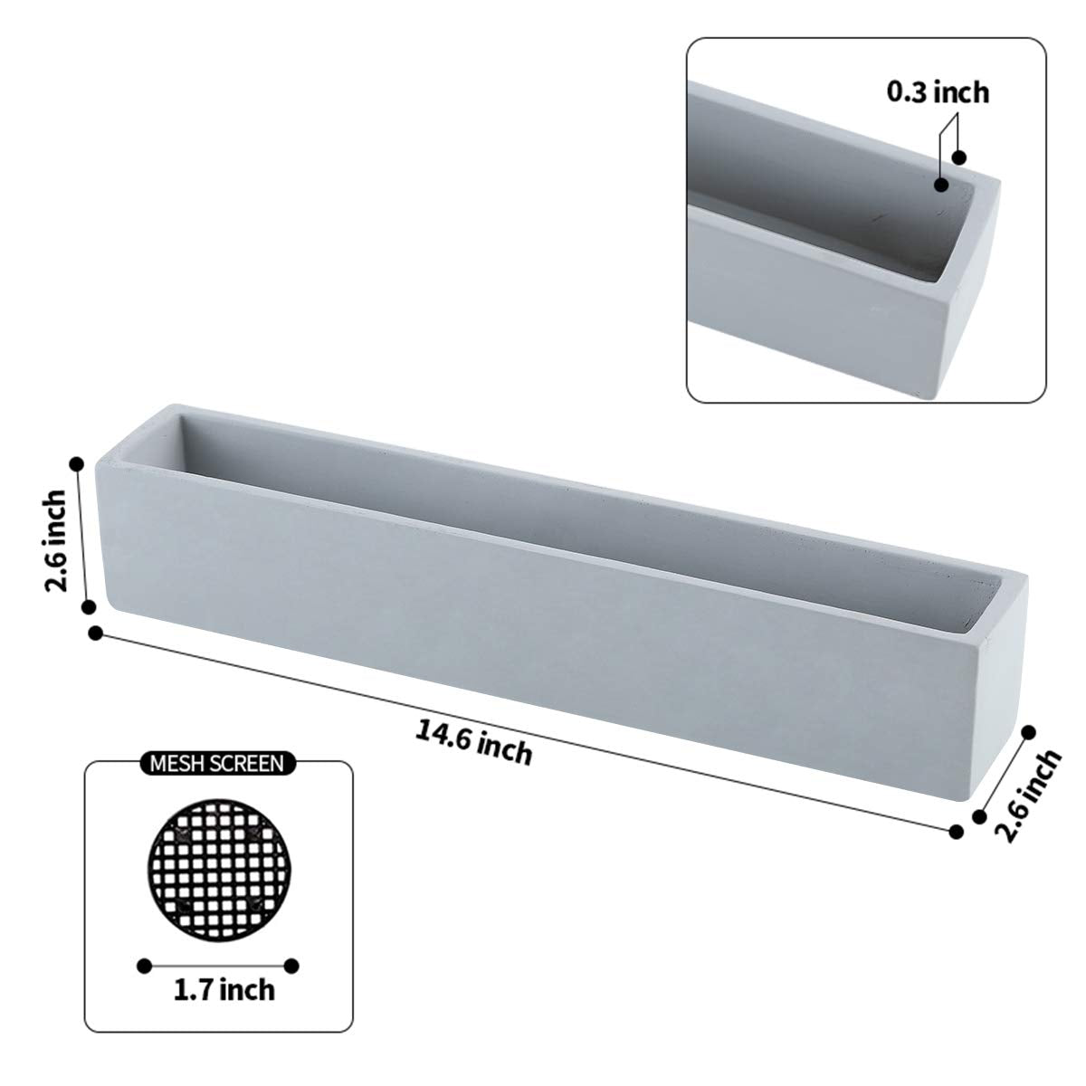 Ten-stone 14.5-Inch Grey Rectangle Concrete Succulent Planter Windowsill Boxes