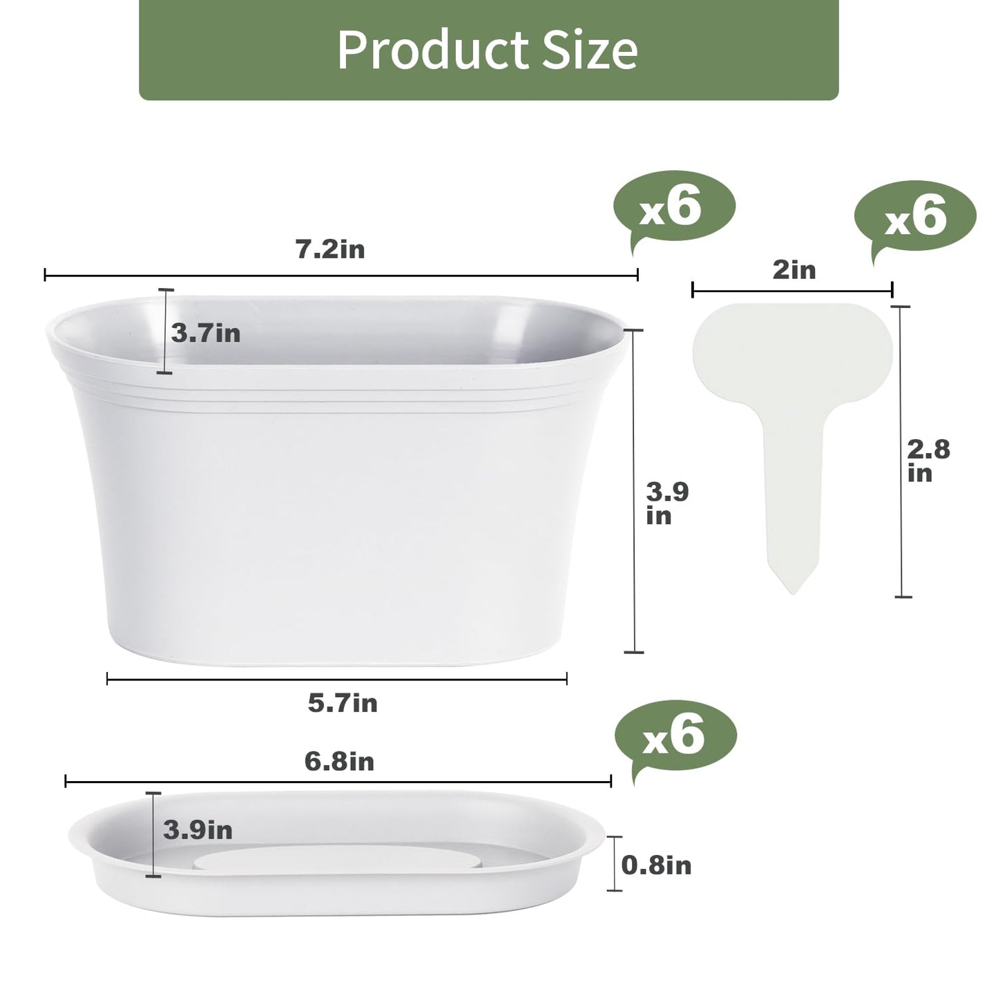 Oliz Windowsill Garden Pots, White Plastic Flower Pots with Drainage Tray for Herb, Succulents, African Violet (Pack of 6)