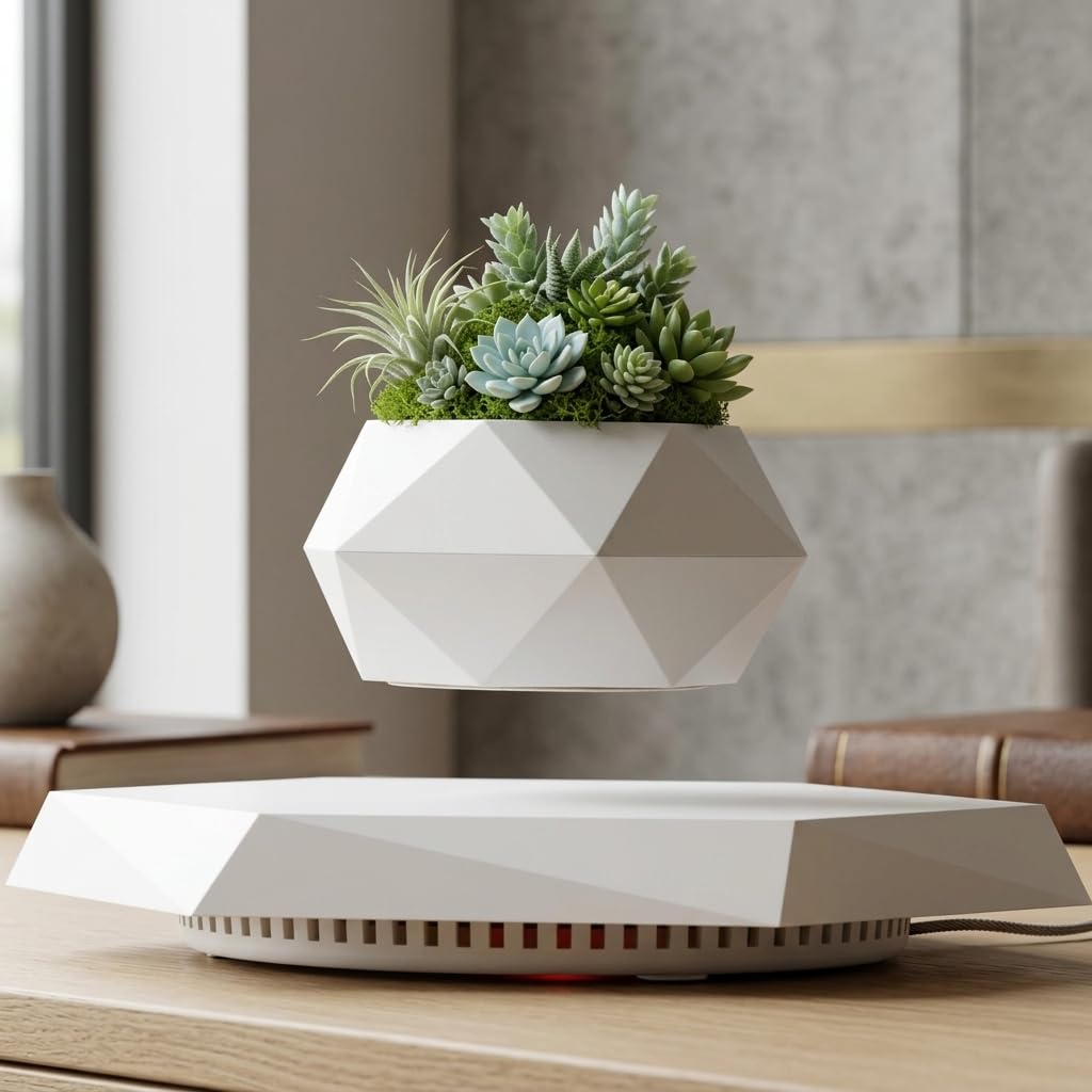 MAGECMOON HCNT Levitating Plant Pot, Magnetic Levitation Flower Pot Rotating Planters Suspension Floating Planter Succulents Potted for Home Living Room Office Desk Decoration (White)