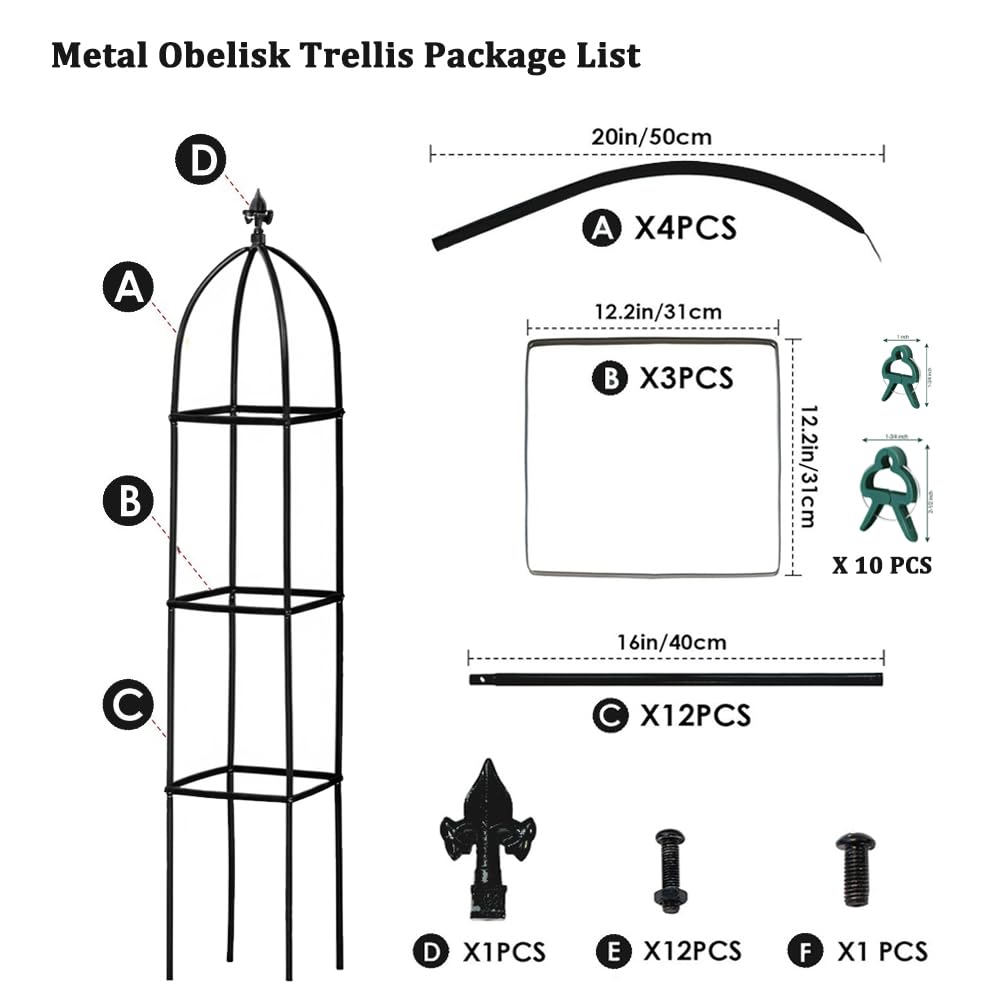 Garden Trellis for Climbing Plants Outdoor - Powder-Coated Steel 63" Metal Trellis Towering Plant Support - Heavy Duty Obelisk Trellis for Climbing Vine, Vegetables & Flowers,Deep Green