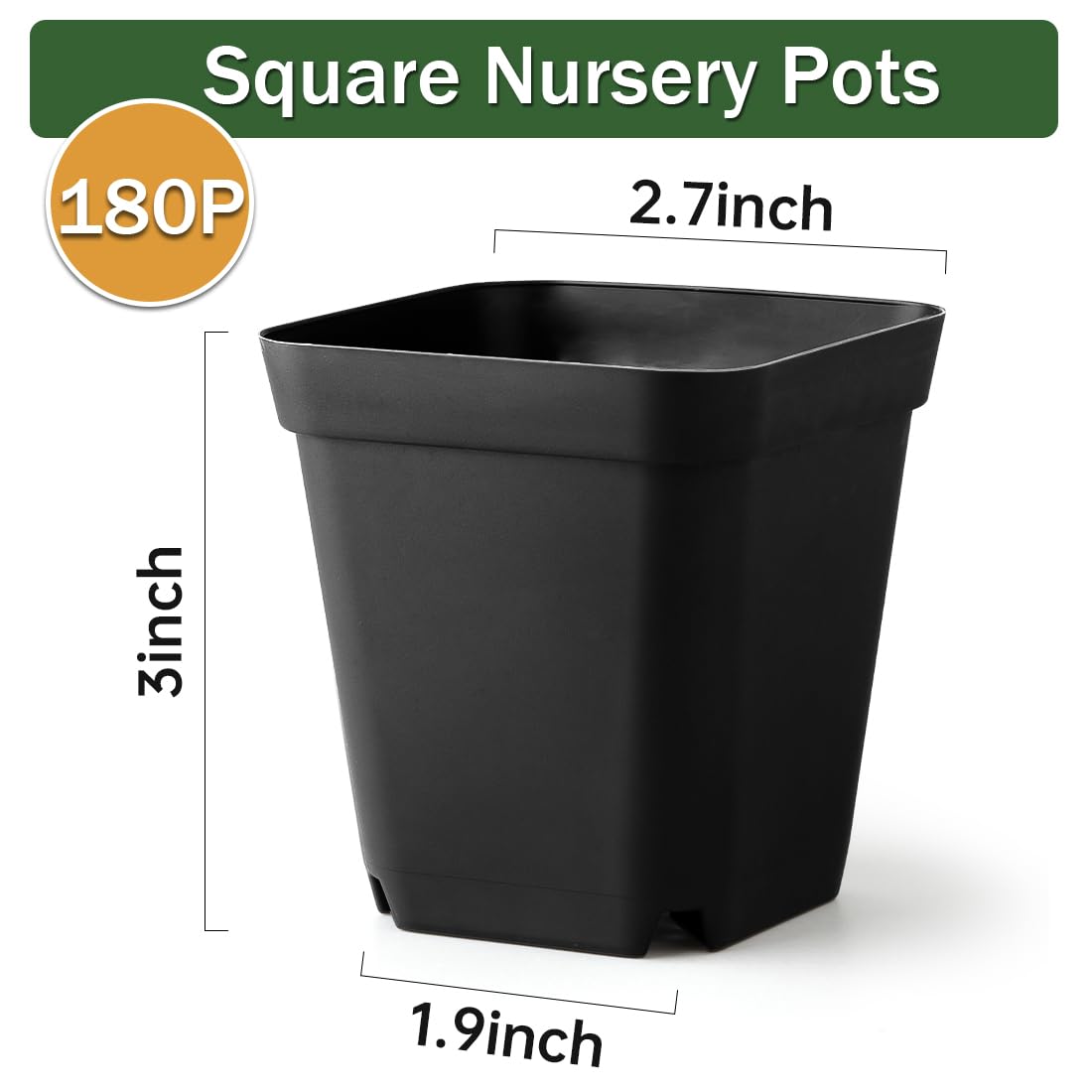 BTPLASTIK Square Nursery Pots 2.7 Inch 180 Pcs, Plastic Small Flower Pots with Drainage Holes, Sturdy Seedling pots for Planting, Cuttings (Black)