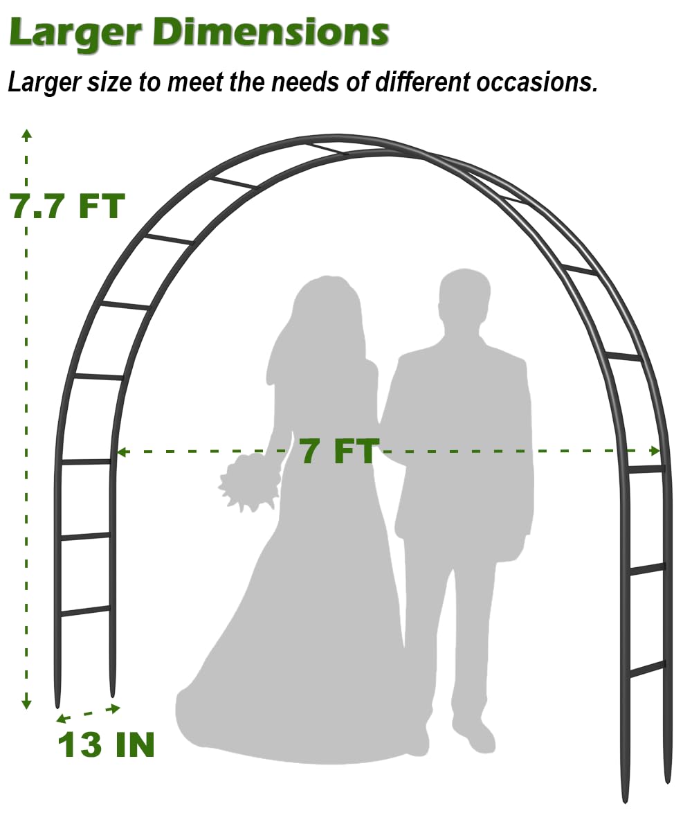 Queension Metal Wedding Arch for Ceremony Party Decoration 7Ft Wide 7.7Ft High,Garden Arch Trellis with Ground Bases for Climbing Plants,Outdoor Garden Arbor for Roses Vines, Round Frame, Black