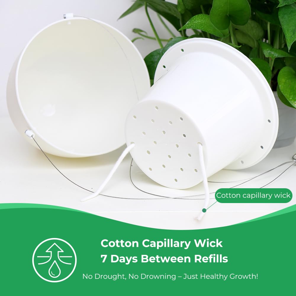 Self-Watering Hanging Planter: 6 Inch Inner Diameter, Indoor Outdoor, Stainless Steel Wire Hanger & Drip Tray, Pothos Philodendron Fern Herbs Scindapsus, Modern Minimalist Design (3 Pack, White)