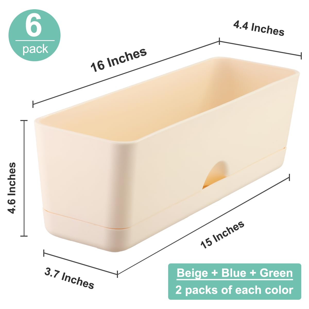 6 Pack Rectangle Planter 16 Inch Window Boxes Planters Rectangular Large Window Sill Planters Indoor Self Watering Plant Pots with Drainage Holes and Saucers Succulent Herb Flower Pots, Macaron Color
