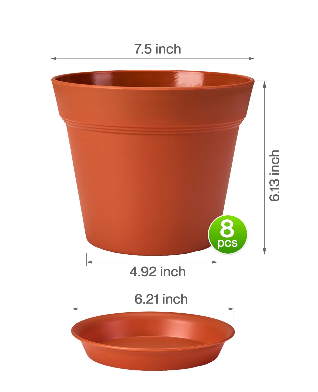 homenote Plant Pots,7.5 Inch Flower Pots for Plants Plastic Planters for Indoor with Multiple Drainage Holes and Trays, for All Home Garden Flowers Succulents,Outdoor(T8 Pack)