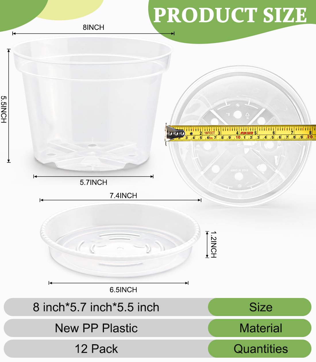 RooTrimmer 12 Pack 8 Inch Clear Plant Pots with Saucers, Transparent Plastic Nursery Pots with Drainage Hole, Sturdy Garden Planter Pots, Planting Starter Pots for Indoor Outdoor