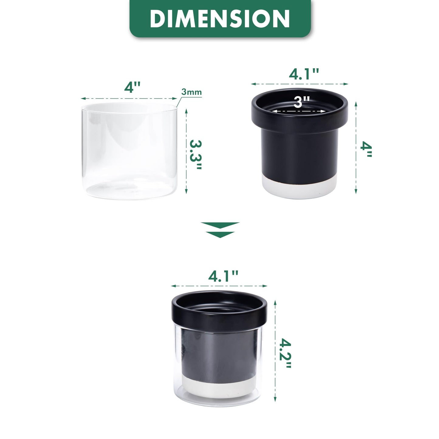 Phoenix Vine 4 Inch Self Watering Planter Pot, Black Terracotta Clay Pot with Glass Reservoir for Indoor Plants, Herbs, Flowers, Set of 4, 52-C-E-4