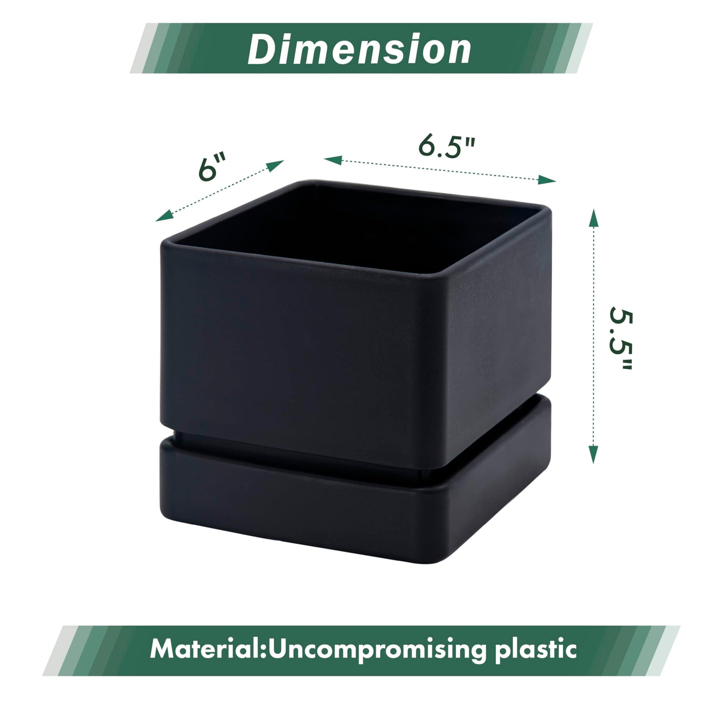 D'vine Dev 6 Inch Herb Planter Pot, Plastic Planter with Drainage Holes and Saucer, Modern Decorative Gardening Pot for Indoor Plants, Flowers, Herbs, Succulents, Black, Set of 4, 76-Y-B4-2