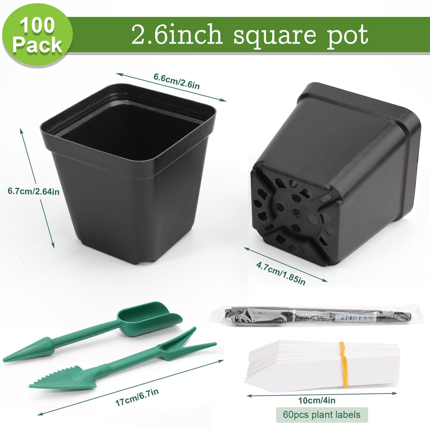 100 Pcs 2.6" Square Nursery Pots for Seeds - Thickened Reusable Plastic Seedling Pots with 60 Plant Labels & Tools - Seed Starter Pots with Drainage for Succulents, Flowers, Cuttings & Greenhouse