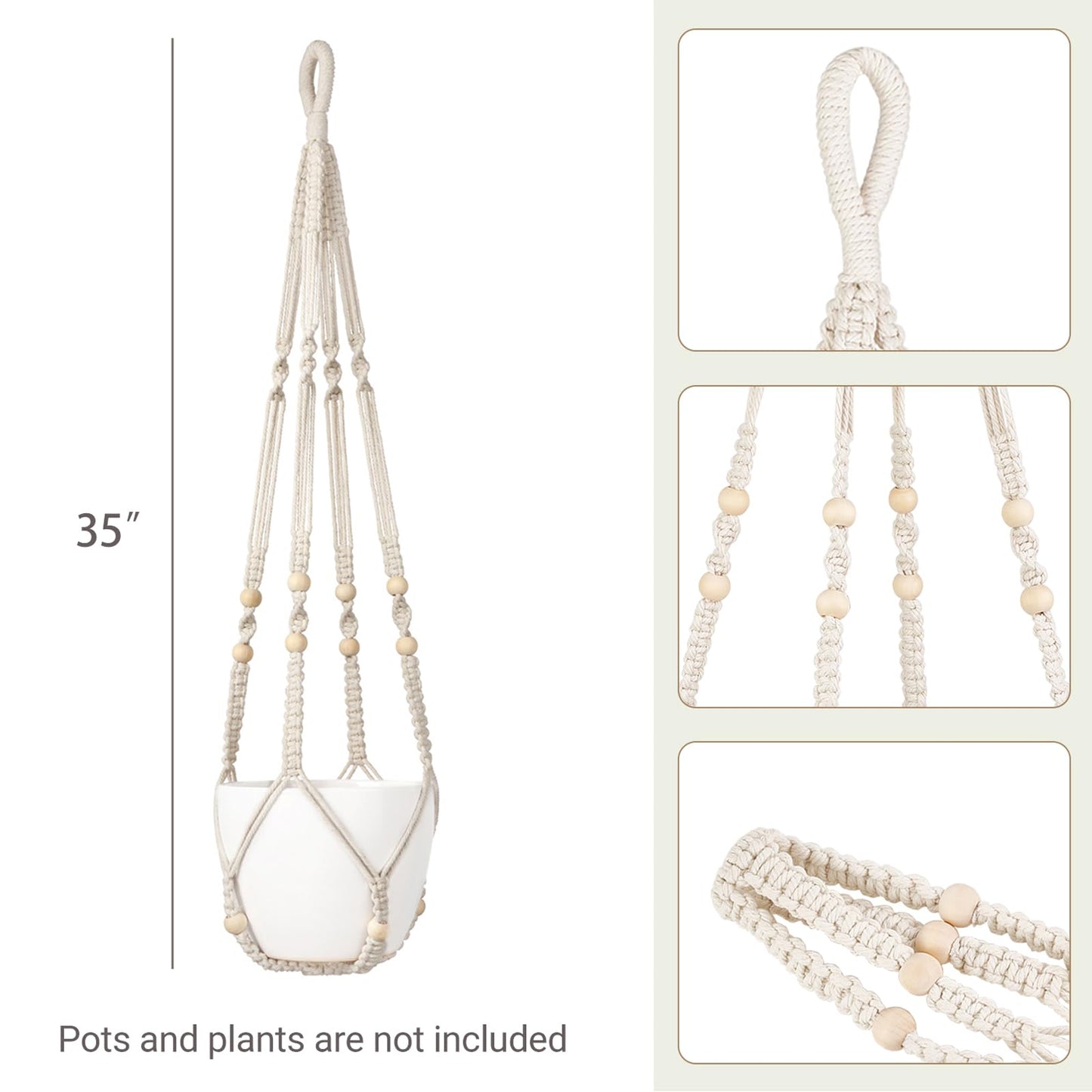 Dahey Set of 2 Macrame Plant Hanger Indoor Hanging Planter Basket with Hooks Flower Pot Plant Holder No Tassels for Boho Home Decor, 35 Inch