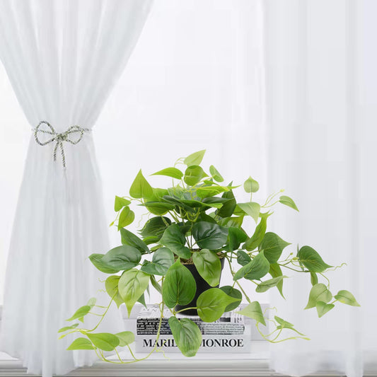 LOYWREE Artificial Scindapsus Aureus Fake Pothos Plants in Black Pots - Realistic Faux Indoor Greenery Potted for Home, Office, Desk, Shelf, Living Room, Bedroom, Balcony, Patio & Garden Decor
