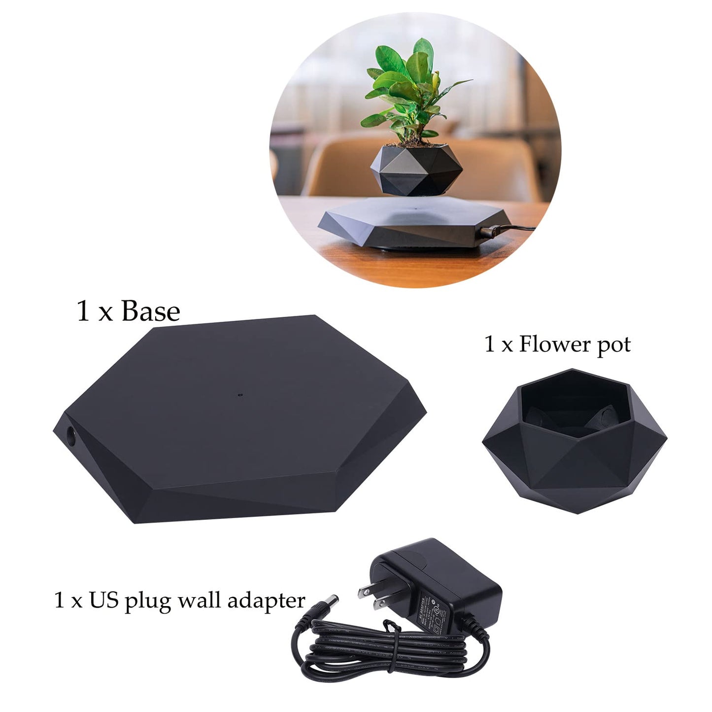 Bacacoo Rotation Flower Pot, Magnetic Levitating Plant Pot for Air Plants,Floating Plant Pot,Rotating Air Bonsai Planter Flower Pot for Home Living Room Office Desk (Black)